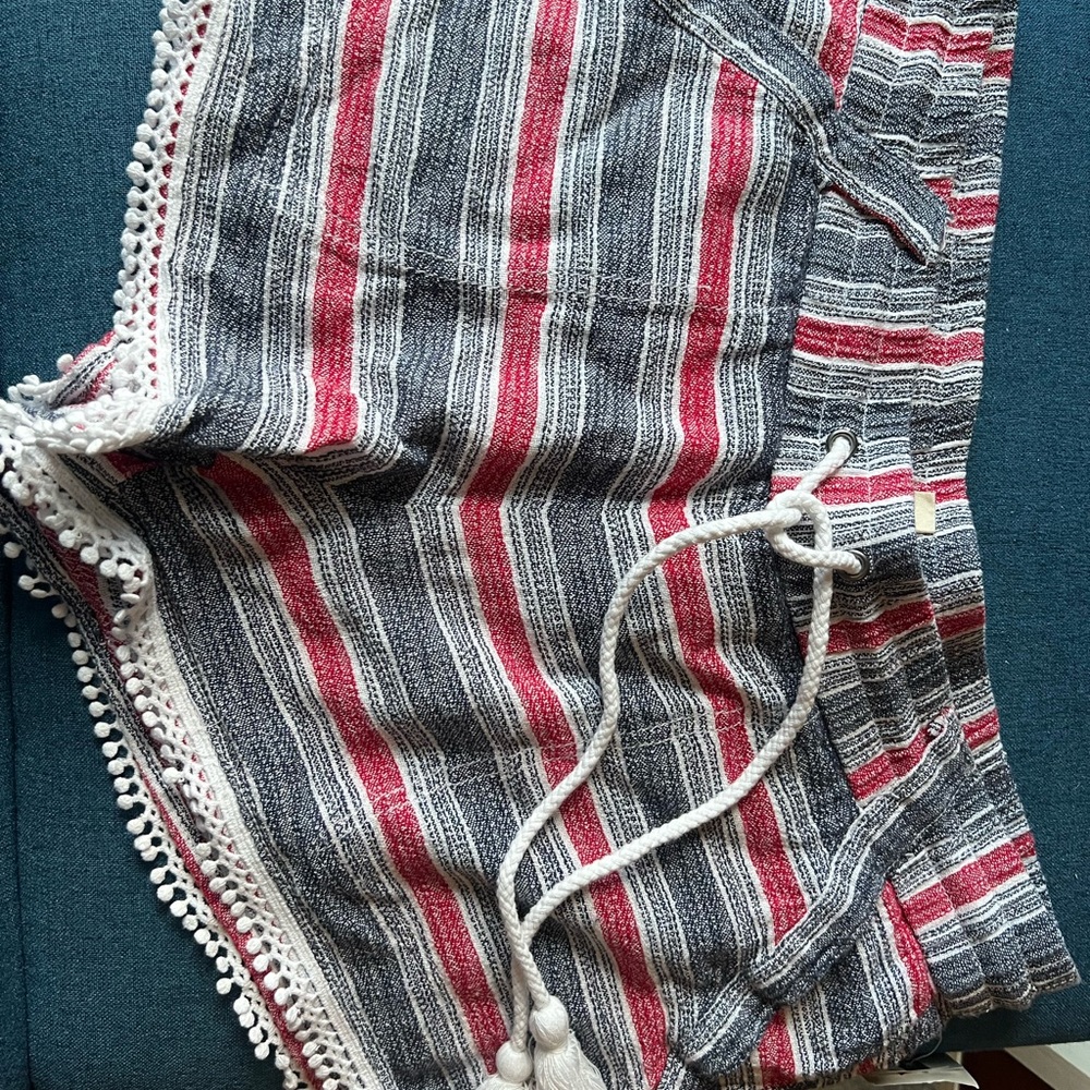 Jolt Striped Lounge Shorts in Red, Gray & White with Crochet Trim